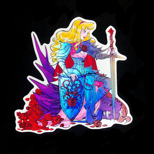 Girl with Sword "Dragon Slayer Aurora"  4x4" holographic + emboss sticker